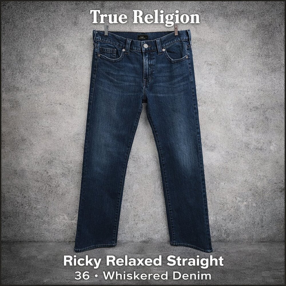 True Religion Ricky Relaxed Straight Jeans Blue Whiskered Y2K 36
